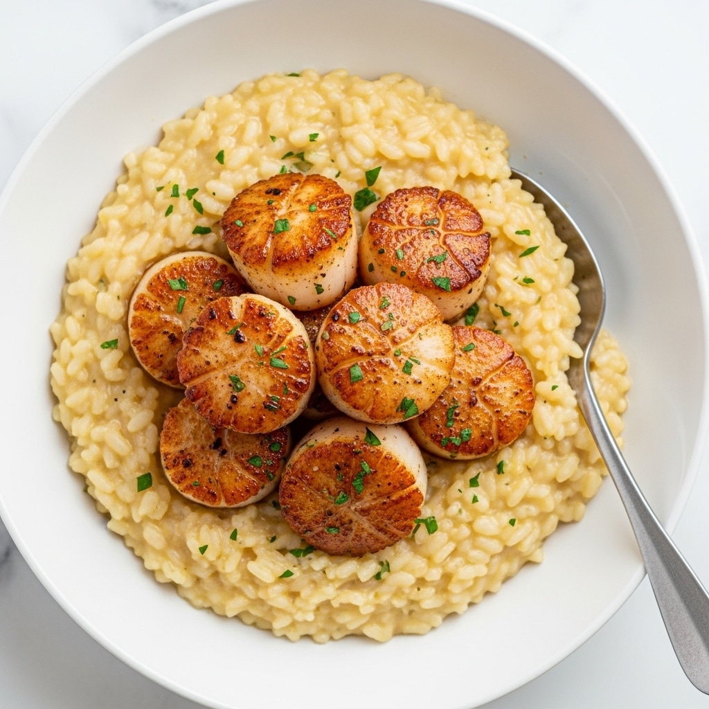 A white bowl filled with creamy risotto forming the bottom layer, its texture soft and slightly lumpy, colored light yellow with a glistening surface from melted butter. On top, a layer of golden brown seared scallops with a slight char on their rounded edges, some showing natural ridges and a few sprinkled with finely chopped green herbs. A silver spoon rests inside the bowl, partially sunk into the risotto near the right side. The bowl is placed on a white marbled surface with faint veins, and a cork stopper is seen blurred in the top right corner. photo taken with an iphone --ar 4:5 --v 7