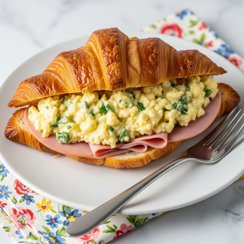 A flaky, golden-brown croissant is sliced open and filled with a layer of thin, light pink ham at the bottom. On top of the ham, there is a thick, creamy yellow scrambled egg mixture with bits of green herbs mixed in, giving a fresh touch. The croissant sits on a piece of white paper with small pink floral patterns, placed on a white plate beside a silver fork. The background is a white marbled texture. photo taken with an iphone --ar 4:5 --v 7