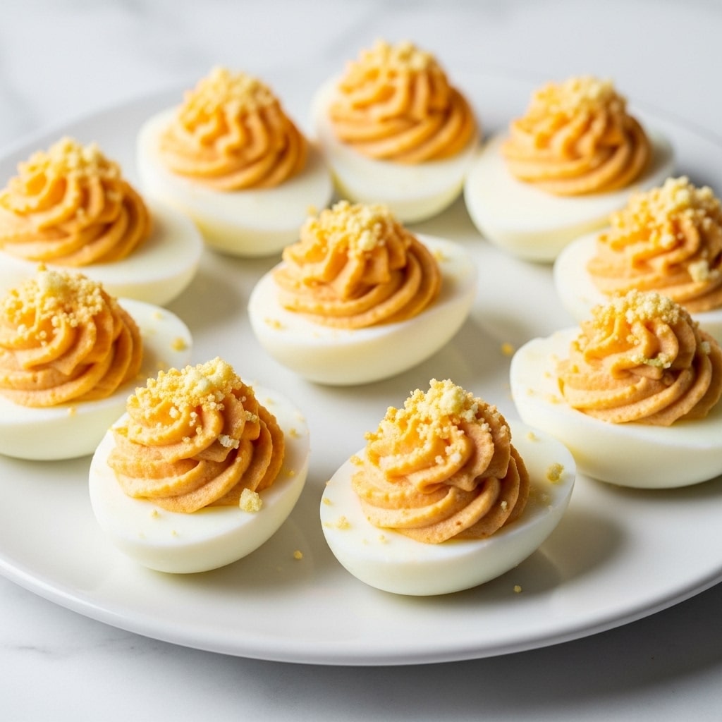 Nine deviled eggs are arranged on a flat white plate with a white marbled texture surface beneath. Each egg is halved lengthwise, showing glossy smooth white egg whites as the base layer. The filling is a light orange, creamy paste placed on top, mounded with a slightly rough texture. Crushed yellowish bits sprinkled over the filling add a crumbly, uneven layer on top, creating a contrast in texture. The eggs are positioned evenly across the plate, catching soft natural light that highlights the colors and texture details. Photo taken with an iphone --ar 4:5 --v 7