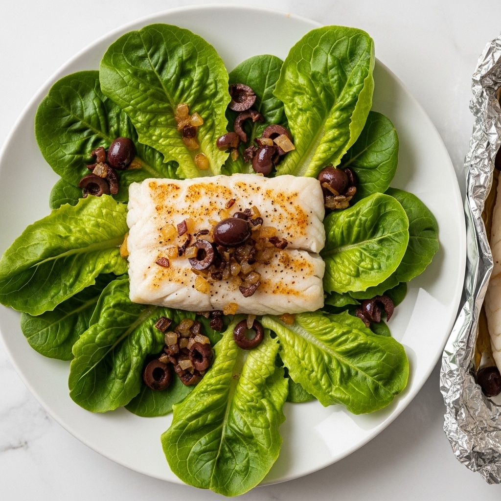 A white plate with a single cooked white fillet of fish at the center, slightly browned on top, placed on a bed of fresh leafy green lettuce surrounding it. Scattered over the lettuce and fish are small dark brown olives and tiny pieces of caramelized onions, adding texture and contrast. The plate rests on a white marbled surface with another fillet wrapped in foil partially visible on the side. The image shows natural lighting and a close-up view. photo taken with an iphone --ar 4:5 --v 7
