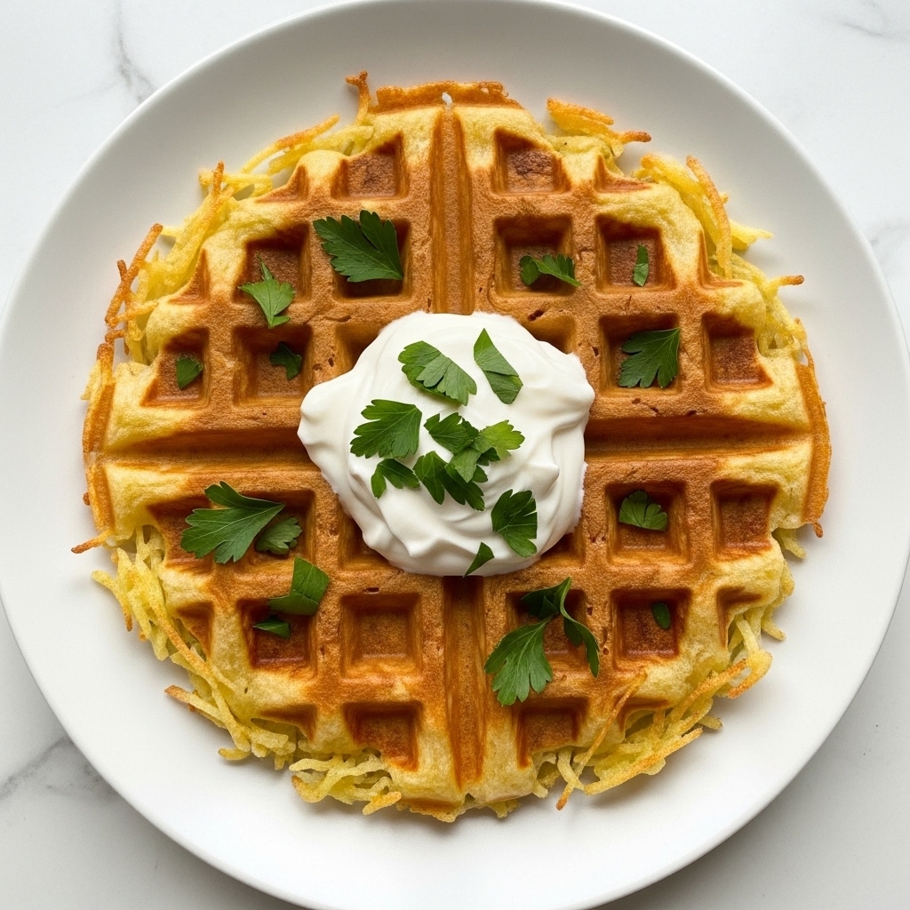 A golden-brown waffle with a crispy texture is served on a white plate, showing a clear grid pattern with slightly irregular edges made of shredded potato strands. On top in the center, there is a dollop of smooth white sour cream, garnished with fresh green parsley leaves scattered around. The plate is set on a white marbled surface. Photo taken with an iphone --ar 4:5 --v 7