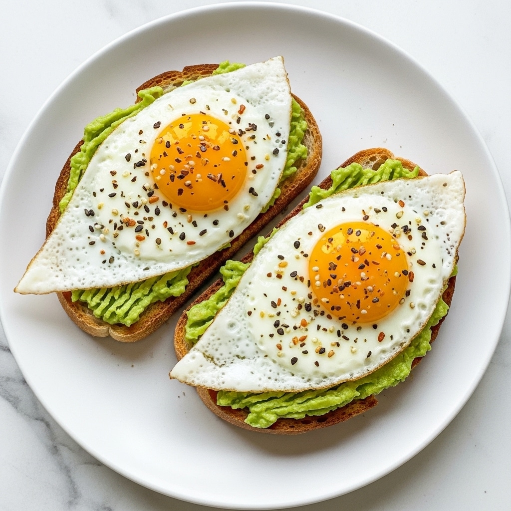 Two slices of toast sit on a white plate, each topped with a layer of bright green mashed avocado spreading evenly across the surface. On top of each avocado-covered toast is a sunny-side-up egg with a slightly crisped, white edge and a bright yellow yolk in the middle. Both eggs are sprinkled with a mix of black, white, and red seasoning seeds, adding texture and color contrast. The plate rests on a white marbled surface, giving a clean and simple background. photo taken with an iphone --ar 4:5 --v 7
