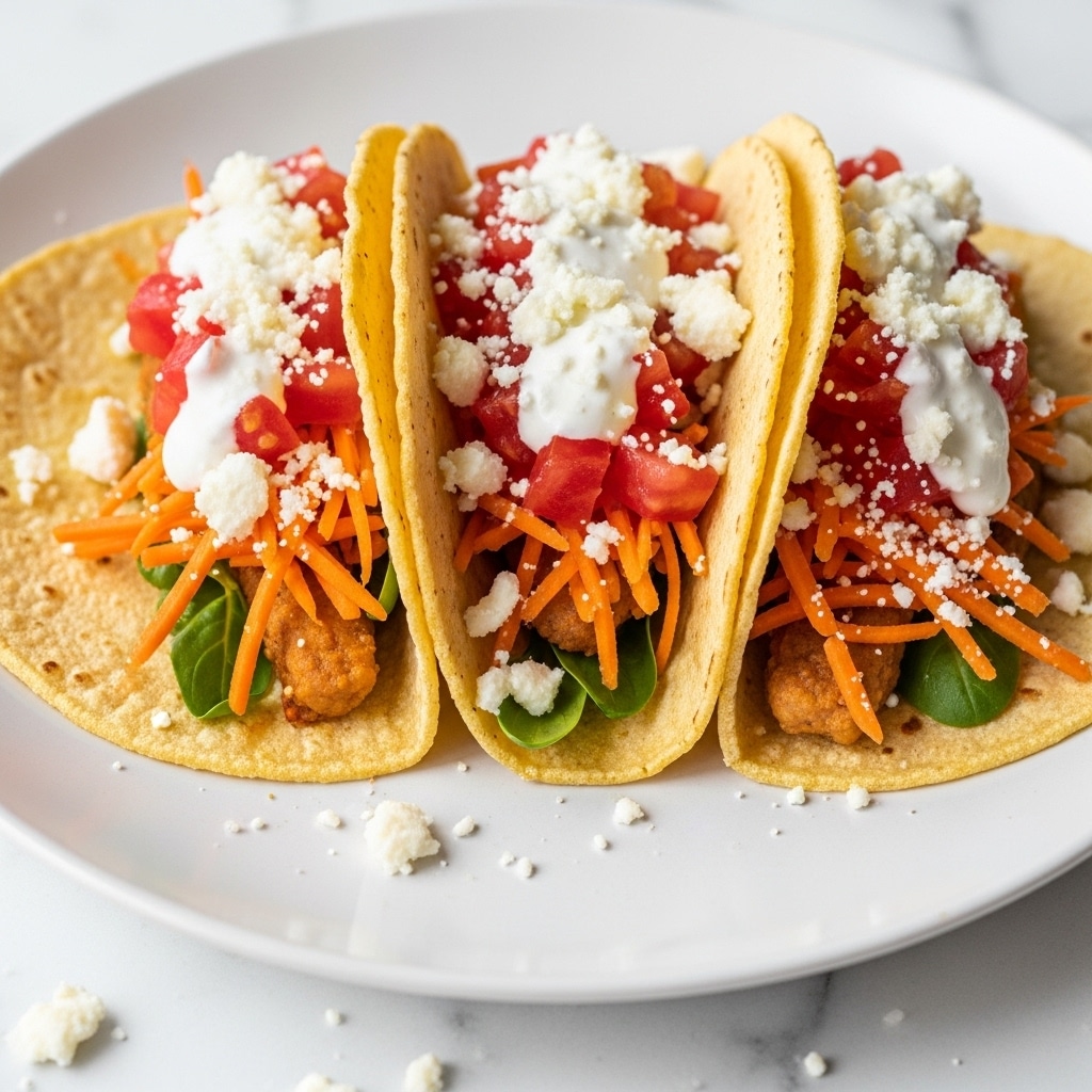 Three tacos sit side by side on a white plate, each with a folded golden yellow corn shell. Inside, the tacos have several layers: a base of shredded orange carrots, topped with chopped green and red vegetables, a thick layer of white creamy sauce, and crumbly white cheese sprinkled on top and around the plate. The plate rests on a white marbled surface with some cheese crumbs scattered nearby. photo taken with an iphone --ar 4:5 --v 7