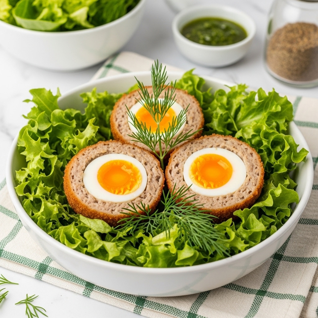 A white plate holds three halves of a Scotch egg, each cut to show a soft-boiled egg with a bright yellow yolk inside a golden-brown crispy fried outer layer of meat. The Scotch eggs rest on a bed of fresh green curly lettuce leaves with some sprigs of dill for garnish. The plate is set on a beige cloth with a green stripe, placed on a white marbled surface. In the background, there is a white bowl filled with green leafy lettuce, a small clear glass bowl containing a brown chunky sauce, and a white dish with a green puree. The scene is softly lit to highlight the texture of the food. Photo taken with an iphone --ar 4:5 --v 7