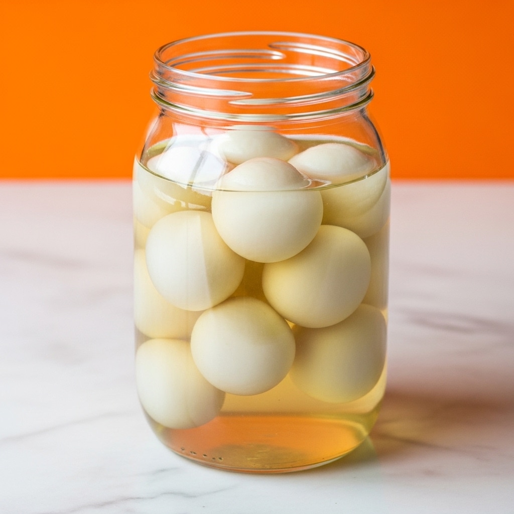 A clear glass jar filled with six white, round balls submerged in a pale yellow liquid, with visible bubbles inside the jar, set on a light surface with a white marbled texture and an orange background. photo taken with an iphone --ar 4:5 --v 7