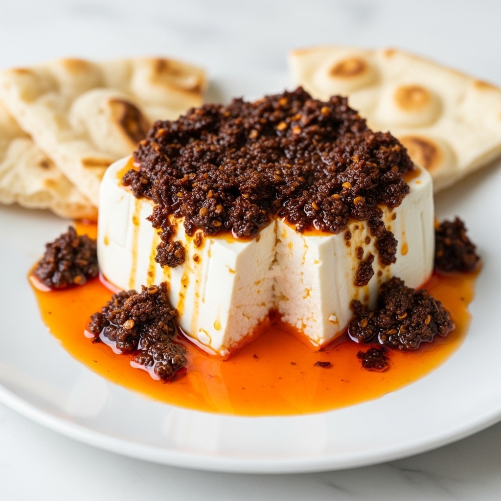 A close-up of a thick, white block of soft cheese placed in the center of a white plate with a white marbled texture background. The cheese is topped with a dark red chili mixture with small seeds, creating a rough texture on top. Spilled around the base of the cheese is a shiny orange-red oil, spreading out unevenly on the plate. Triangular pieces of soft bread with a light brown toasted edge rest on the sides of the cheese. The focus is sharp on the cheese and chili topping, showing the creamy texture and oily shine on the plate. Photo taken with an iphone --ar 4:5 --v 7