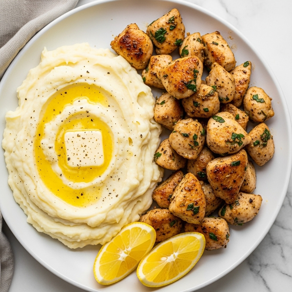 A white plate holds a serving of creamy mashed potatoes with a smooth texture, topped with a melting square of yellow butter and sprinkled with black pepper. To one side, golden brown cooked chicken pieces with a slightly crispy exterior are garnished with green herbs. Two bright yellow lemon wedges rest next to the chicken, adding a fresh contrast. The whole dish sits on a white marbled surface photo taken with an iphone --ar 4:5 --v 7