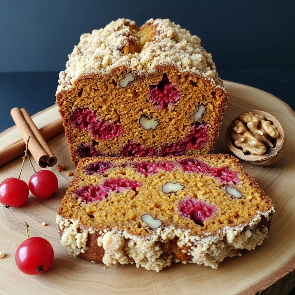 The image shows a thick slice of brown cake placed on a wooden board with the rest of the loaf behind it. The cake has a crumbly texture on top with visible oat pieces and red berry chunks mixed throughout the dense, moist interior. Around the cake on the board are two whole red berries, a walnut piece, and two cinnamon sticks in the foreground. The background is dark, and the surface beneath the board is a white marbled texture. Photo taken with an iphone --ar 4:5 --v 7