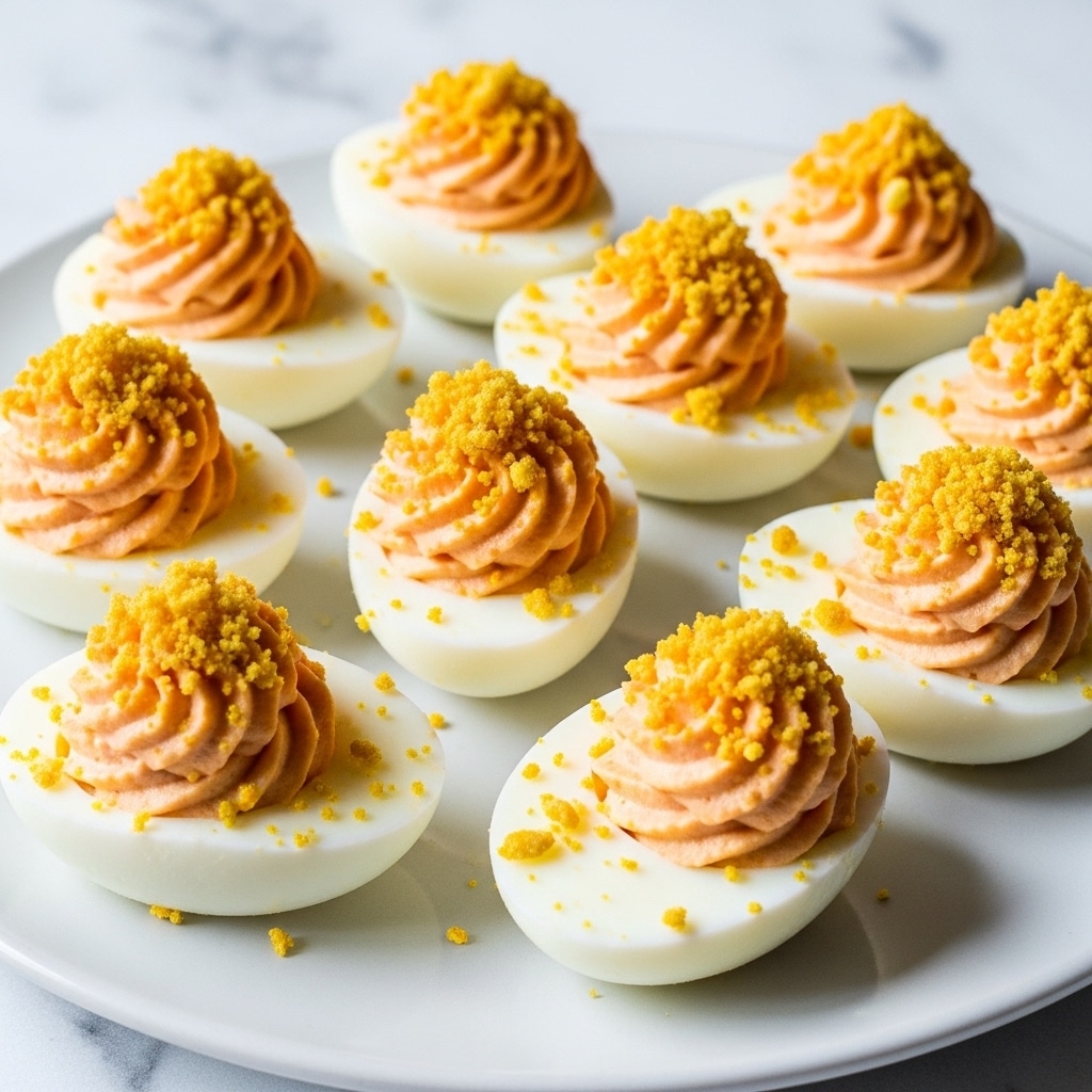 Nine deviled eggs are arranged on a smooth white plate set on a white marbled surface. Each egg half shows a firm white base holding one thick layer of creamy, light orange filling that is slightly uneven on top. The filling is sprinkled with small, pale yellow crumbles that add a bit of texture. The eggs are spaced apart, filling most of the plate evenly. The photo is close and focused on the eggs, showing the soft texture of the filling against the smooth egg white. Photo taken with an iphone --ar 4:5 --v 7