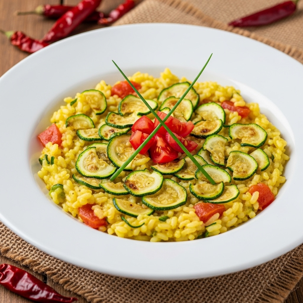 A white deep plate holding a creamy, yellow risotto with visible pieces of green zucchini and small red tomato chunks mixed throughout. On top, two long green chives cross each other, adding a fresh touch. The risotto's texture looks soft and moist, with each grain of rice clearly shown. The plate is set on a white marbled surface with a rustic wooden area nearby, giving a cozy feel. Photo taken with an iphone --ar 4:5 --v 7