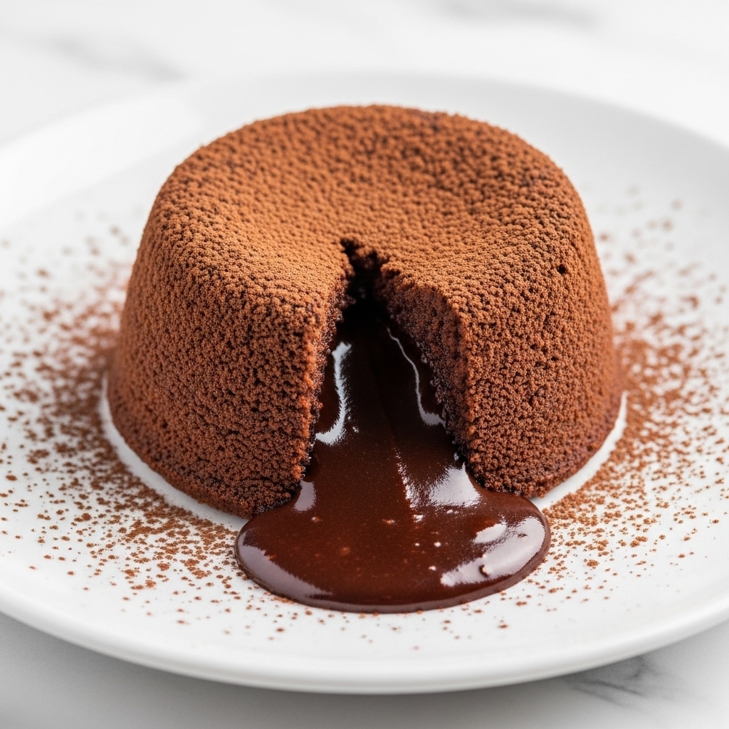 A single round chocolate lava cake is placed in the center of a white plate with a light dusting of cocoa powder around the edges. The cake has a cracked top layer revealing a glossy, rich, dark chocolate molten center oozing out onto the plate. The cake's outer layer is textured and dense with a deep brown color, while the flowing molten chocolate inside is smoother and darker. The plate sits on a white marbled surface. photo taken with an iphone --ar 4:5 --v 7