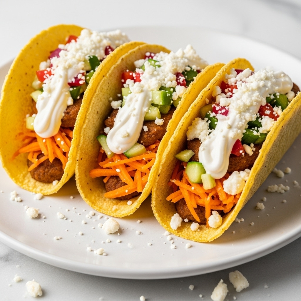 Three tacos sit side by side on a white plate, each with a golden, slightly crispy shell folded to hold the filling. Inside, layers start with shredded orange carrots and small green pieces, followed by diced red tomatoes and white sauce drizzled softly over the top. Crumbled white cheese is sprinkled on the outsides and over the filling. The plate rests on a white marbled surface with some cheese crumbles scattered nearby. photo taken with an iphone --ar 4:5 --v 7