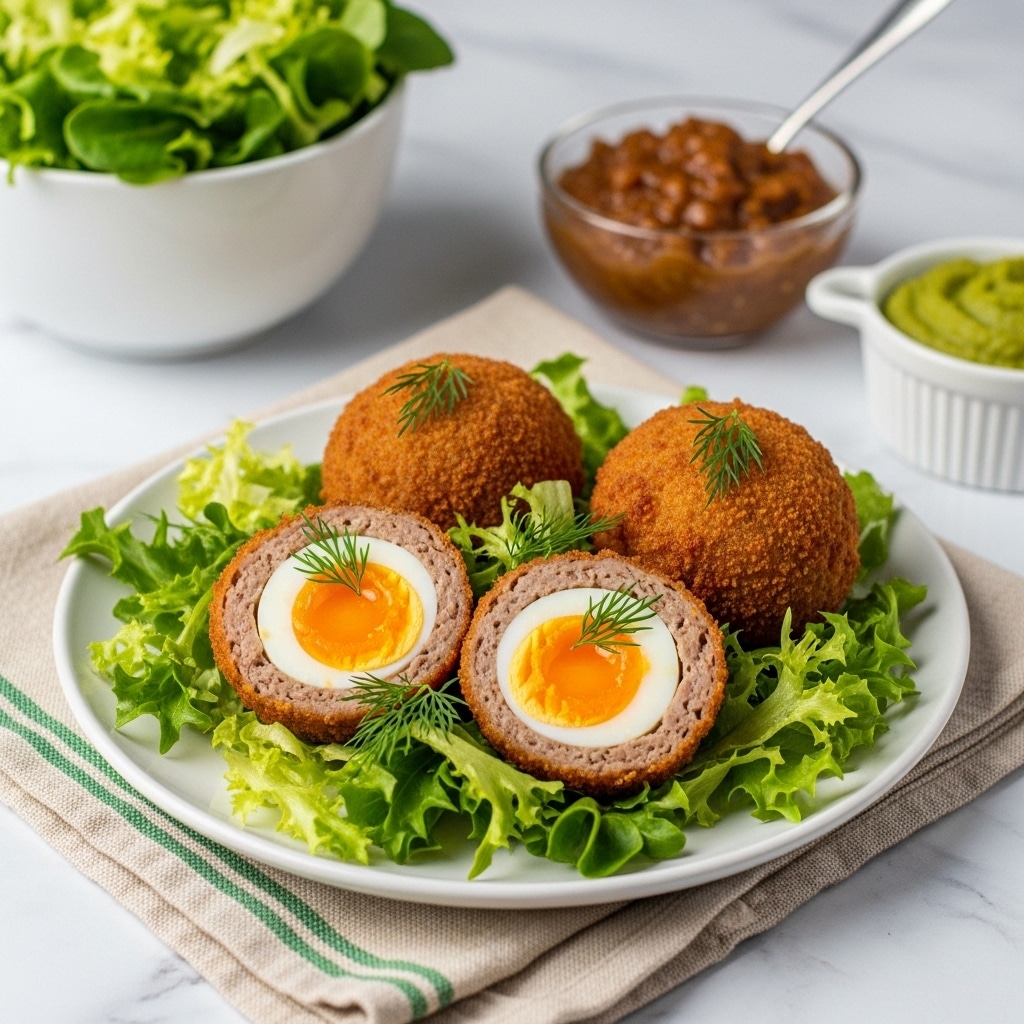 The dish shows three halves of a Scotch egg placed in a round white shallow bowl. Each Scotch egg has a golden-brown crispy outer layer, a beige middle layer of cooked sausage meat, and a soft-boiled egg center with a bright white white and a semi-runny golden yellow yolk. The Scotch eggs rest on a fresh bed of curly, bright green lettuce leaves arranged to fill the bowl. There is a sprig of fresh dill standing upright between the Scotch eggs and additional dill placed under the leaves. The bowl sits on a cream cloth with a green checkered pattern, all set on a white marbled surface. In the background, blurred are a white bowl filled with bright green leafy lettuce, a small white dish with green sauce, and a clear glass container with brown seasoning. Photo taken with an iphone --ar 4:5 --v 7