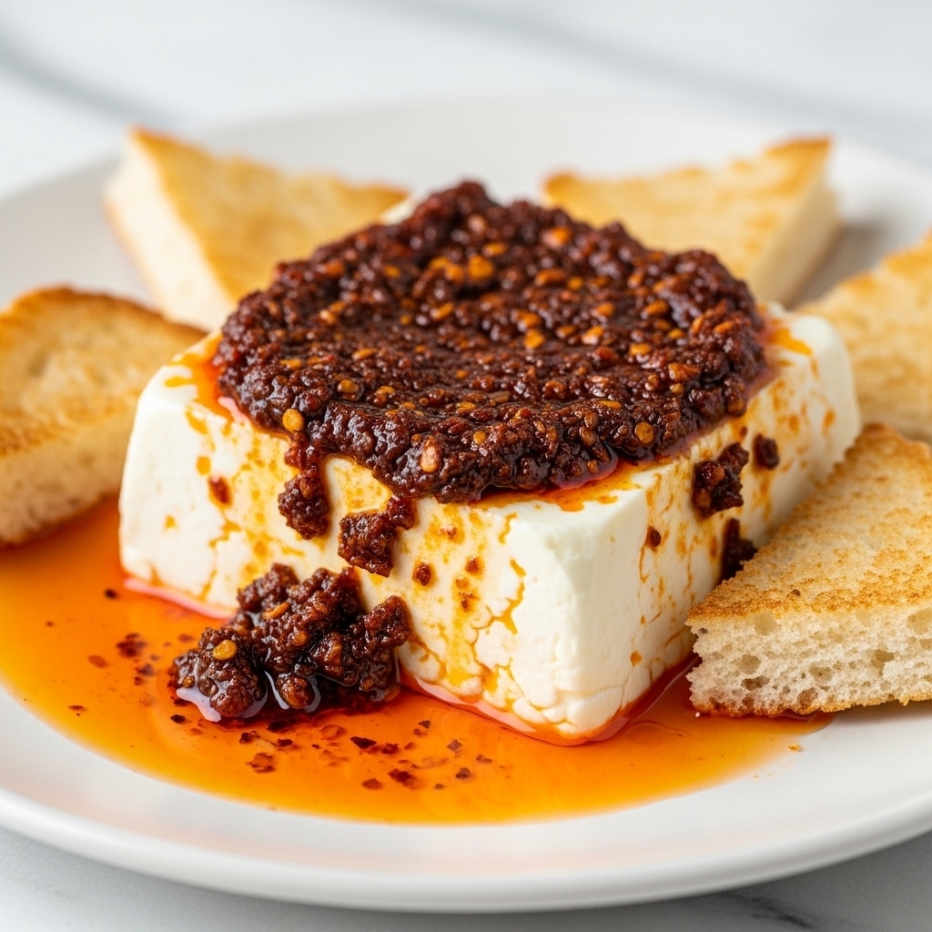 A white square block of soft cheese sits in the center of a white plate, topped heavily with a coarse, dark reddish-brown chili mixture that looks oily and textured. The cheese shows a clean cut on one side, revealing its creamy, slightly crumbly white inside. Around the base of the cheese, bright orange oil drips and pools, spreading out on the plate with a shiny, wet look. Pieces of flatbread, white with some light golden spots, lean against the cheese at the back and sides, adding contrast. All rests on a white marbled surface, giving the scene a clean, simple feel. Photo taken with an iphone --ar 4:5 --v 7