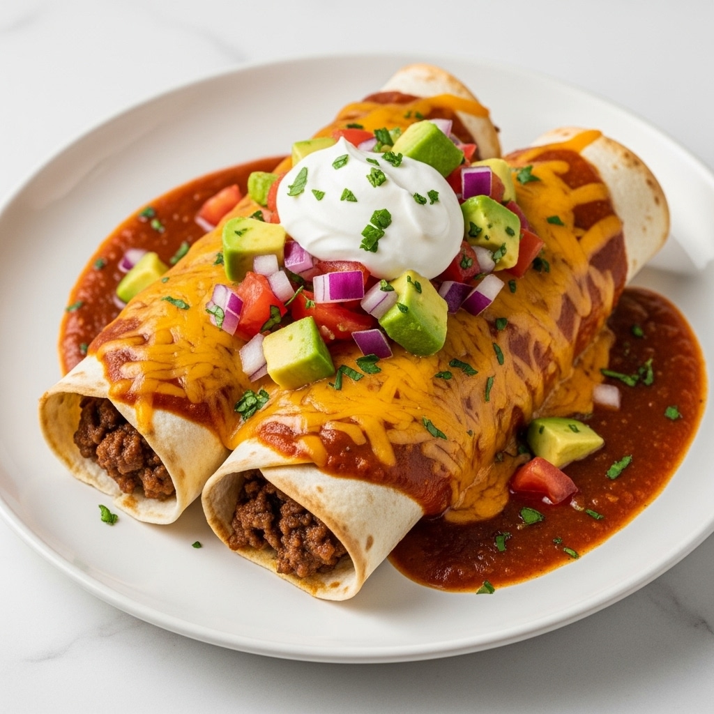 Two rolled enchiladas sit side by side on a white plate over a white marbled surface, each soft tortilla lightly browned and filled with seasoned ground beef peeking out at the edges. The enchiladas are covered with a rich, glossy red sauce that pools around the base, topped evenly with melted golden cheddar cheese sprinkled with finely chopped green herbs. On top, there is a fresh layer of colorful diced tomatoes, green avocado cubes, and small bits of purple onion mixed with herbs. A dollop of smooth white sour cream garnishes the center, completing the vibrant, layered look. photo taken with an iphone --ar 4:5 --v 7