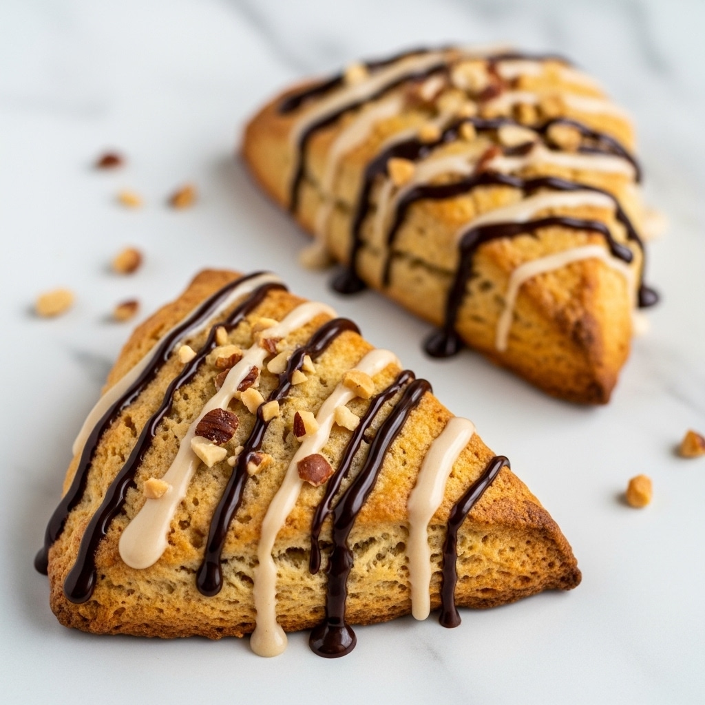The image shows two triangular scones on a white marbled surface, each with a rough, golden-brown crust that looks slightly crumbly. Both scones are topped with thin, uneven drizzle lines of dark chocolate and light glaze, creating a contrasting pattern over the baked dough. Small pieces of chopped nuts are scattered generously on top, adding texture and detail. The white marbled surface has small crumbs and drops of glaze around the scones, emphasizing their fresh, rustic look. Photo taken with an iphone --ar 4:5 --v 7