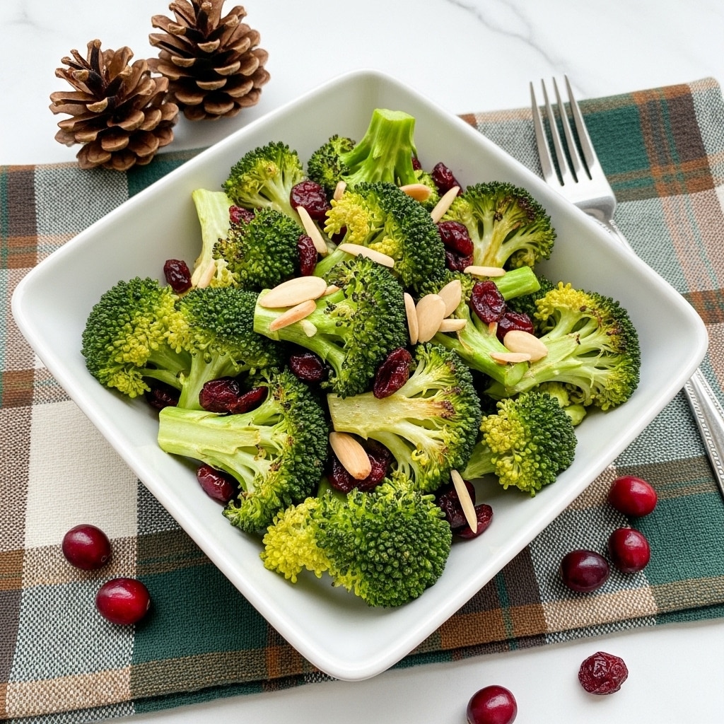 The image shows a white square bowl filled with roasted broccoli florets that are bright green with slightly browned edges. Mixed in with the broccoli are scattered dried red cranberries and thin, pale almond slices. The bowl sits on a plaid cloth that lies on a white marbled surface. Nearby, there are two pine cones, some loose cranberries, and a silver fork placed on the surface beside the bowl. The overall feel is warm and rustic. photo taken with an iphone --ar 4:5 --v 7