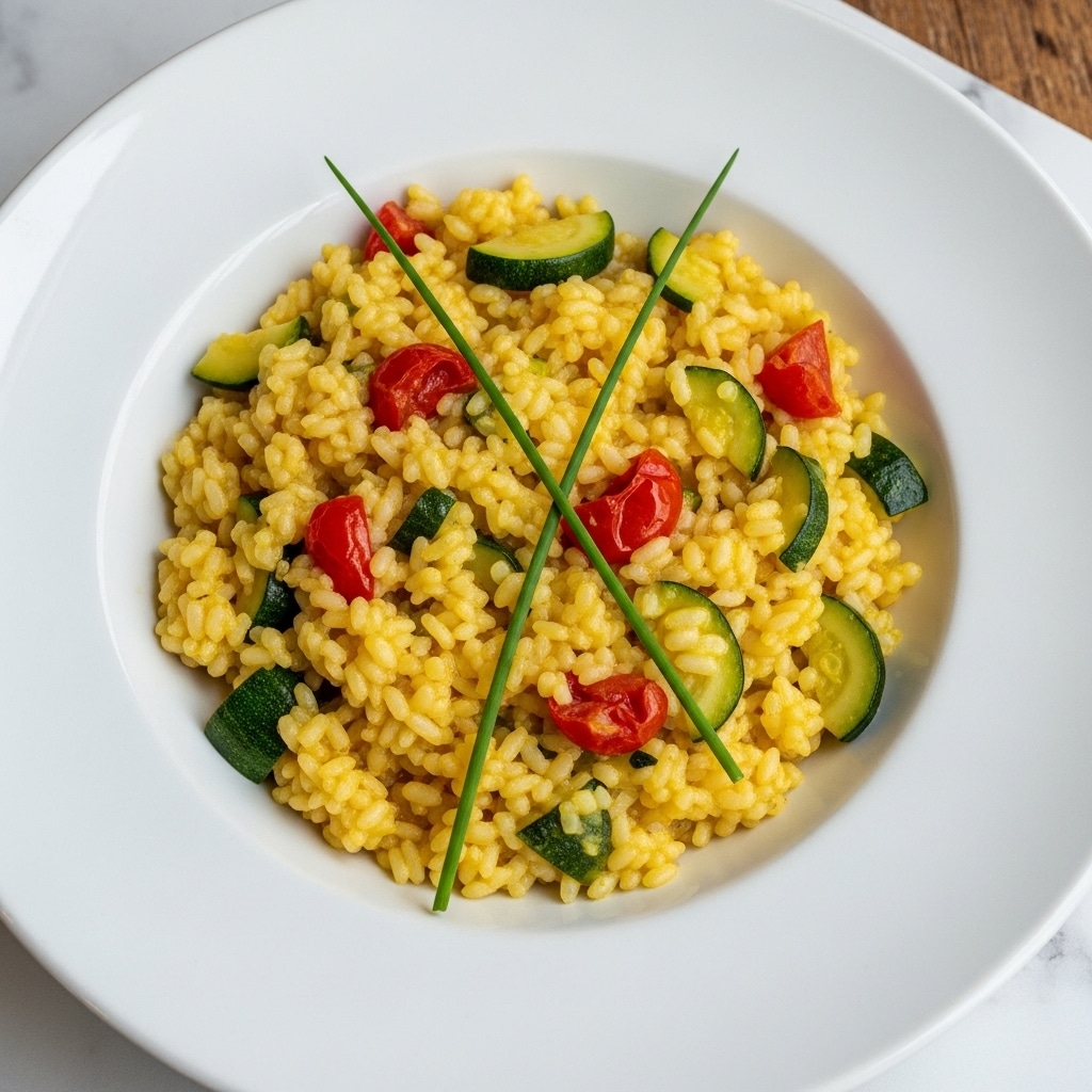 The image shows a white round shallow bowl filled with a single layer of yellow risotto that has visible pieces of cooked tomato and green zucchini flakes mixed in, giving it a textured look. On top of the risotto, there are small red tomato chunks and two thin bright green chive stalks crossed in the center as garnish. The bowl sits on a rustic wooden surface partially covered by brown burlap fabric and some dried red chili peppers. The scene has a warm, inviting tone. Photo taken with an iphone --ar 4:5 --v 7