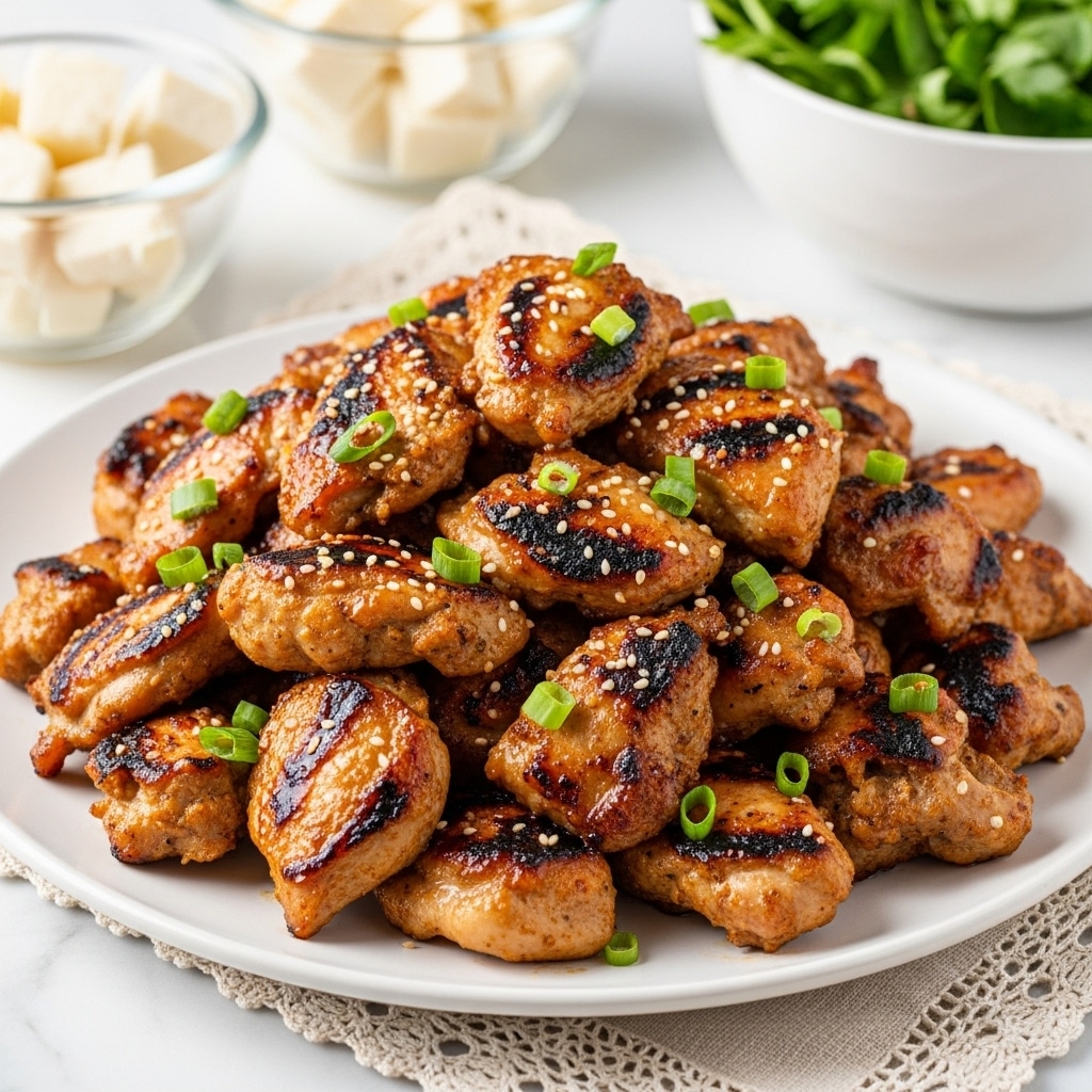 The image shows a white plate filled with grilled chicken pieces that have a golden-brown color with some charred edges, topped with thin slices of green onion and sprinkled with white sesame seeds. The plate is set on a white marbled surface, and in the background, there are blurred elements including a clear bowl with white cubes and a green bowl with leafy greens. photo taken with an iphone --ar 4:5 --v 7