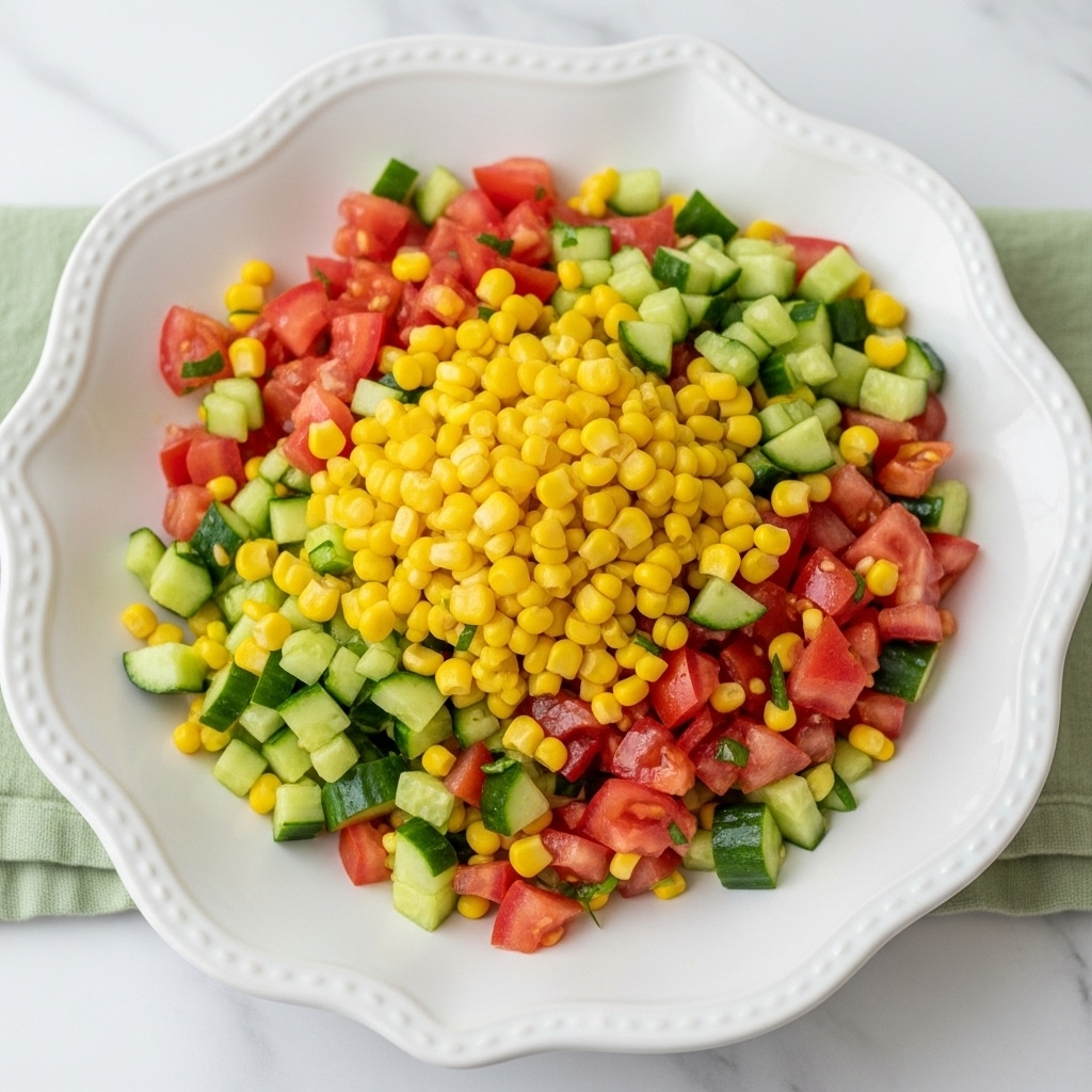 A white plate with curved edges holds a colorful salad made of three main layers. The base layer is bright yellow corn kernels, mixed with small pieces of green cucumber. The middle layer has chopped red tomatoes scattered evenly throughout. The top layer has small bits of green herbs and finely chopped white onions, adding texture and freshness. The plate is placed on a white marbled surface with a green cloth underneath at the edge. photo taken with an iphone --ar 4:5 --v 7