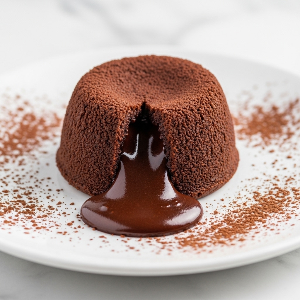A round chocolate lava cake sits in the center of a white plate, about one layer thick, with a cracked edge revealing glossy, dark chocolate sauce flowing out onto the plate. The cake has a rich brown color with a smooth but slightly crumbly texture on top. Cocoa powder is lightly dusted over the entire surface of the cake and the surrounding plate, creating a soft, speckled effect on the white marbled surface. The warm, molten center contrasts with the solid exterior, giving the dessert a tempting and gooey look photo taken with an iphone --ar 4:5 --v 7