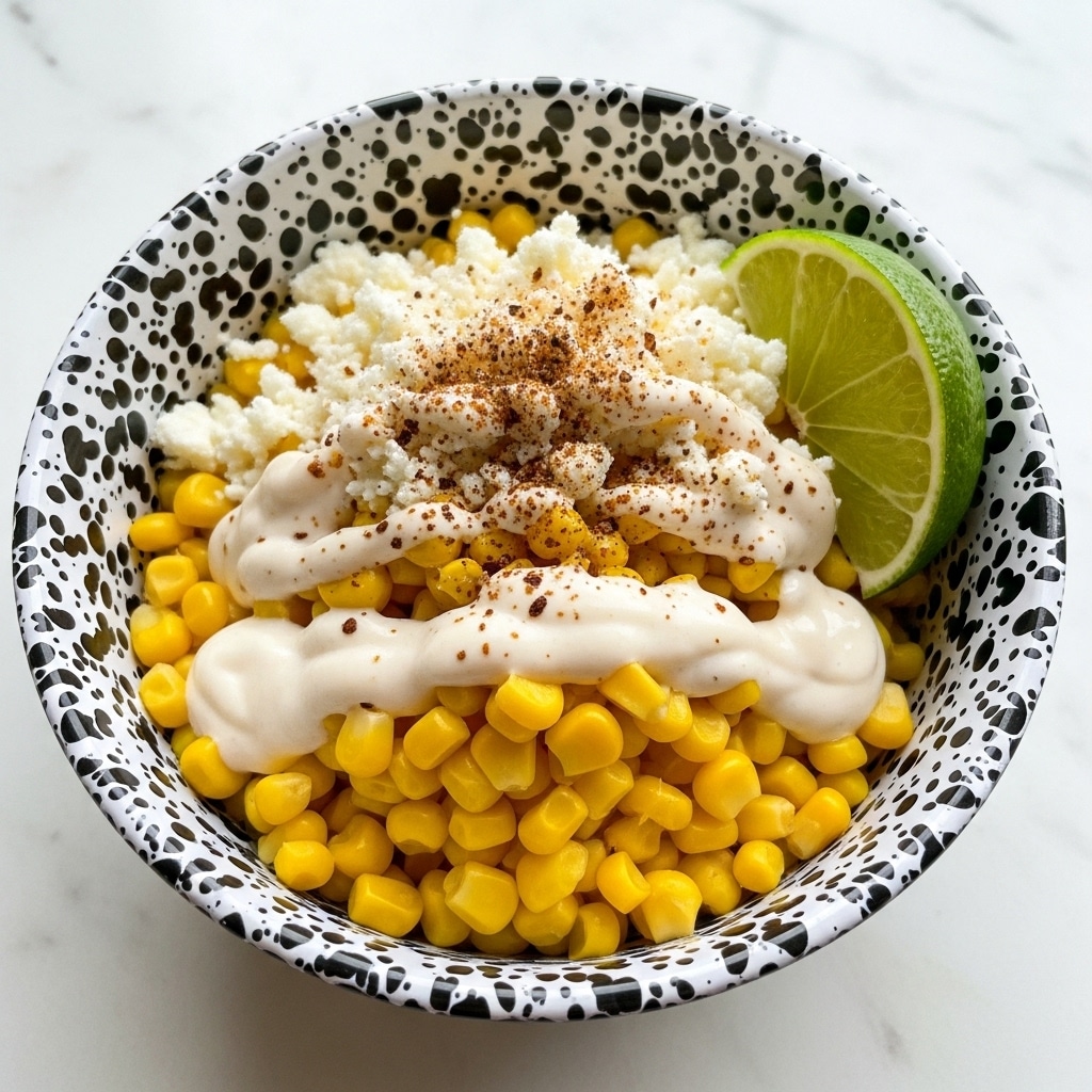 A round bowl with a black and white speckled rim holds a dish of cooked bright yellow corn kernels as the bottom layer. On top of the corn, there is a creamy white sauce drizzled evenly which makes the surface look smooth and shiny. Next, white crumbled cheese is spread all over the corn and sauce with a slightly rough texture. Some dark reddish-brown seasoning is sprinkled lightly over the cheese. A wedge of fresh light green lime sits on the left edge of the bowl, partly resting on the corn. The bowl is placed on a brown wooden board with a light pink cloth seen above it, all set on a white marbled surface. Photo taken with an iphone --ar 4:5 --v 7