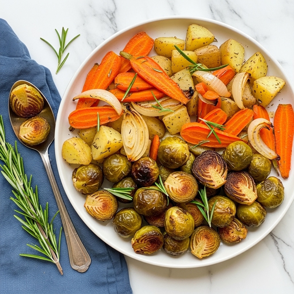 A white plate is filled with roasted vegetables layered with small whole brussels sprouts that are golden-brown and slightly charred, orange carrot slices roasted to softness, light yellow roasted potato chunks with a crispy outer skin, and bits of cooked onion that are translucent and caramelized. Fresh green rosemary sprigs are scattered on top, adding a pop of color. The plate sits on a white marbled surface with a blue cloth napkin to the side, and an ornate spoon resting on the plate's edge holds a small pile of vegetables. Photo taken with an iphone --ar 4:5 --v 7