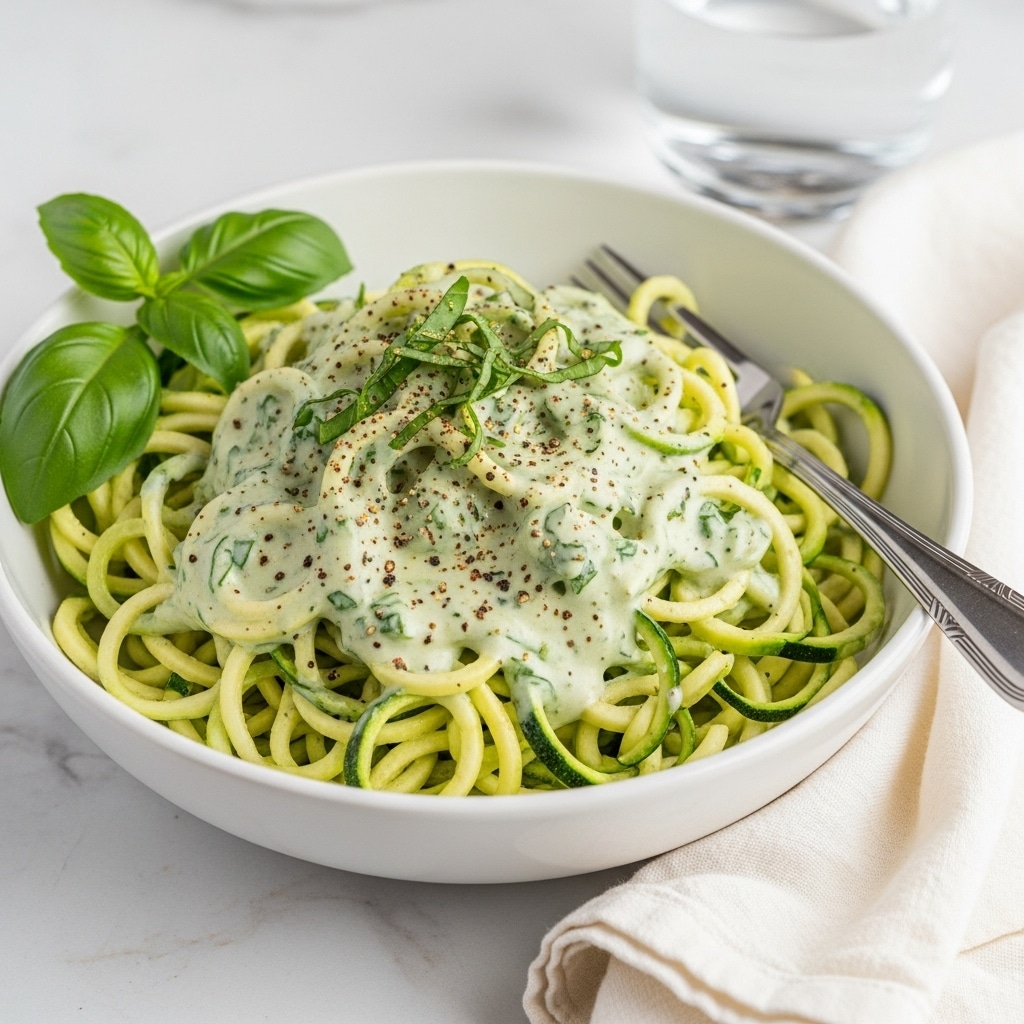 The image shows a white bowl filled with spiralized zucchini noodles coated in a creamy green sauce, giving the noodles a light, smooth texture with visible small green herb pieces. The noodles are tightly curled and piled high in the bowl, with a few fresh basil leaves placed on top for garnish. A silver fork rests inside the bowl on the right side. The bowl is set on a white marbled surface, and a clear glass of water and a white cloth napkin are partially visible nearby. Photo taken with an iphone --ar 4:5 --v 7