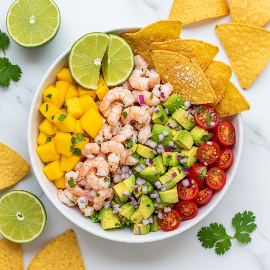 A white bowl filled with a colorful mix of diced yellow mango, green avocado chunks, small cooked shrimp pieces, halved red cherry tomatoes, finely chopped red onion, and green cilantro leaves, all mixed together in a fresh salad. On the right side of the bowl, three golden crispy tortilla chips sprinkled with coarse salt rest on top of the salad. There is a small lime wedge placed near the chips inside the bowl. The bowl sits on a white marbled surface with additional lime halves and more golden tortilla chips scattered around. photo taken with an iphone --ar 4:5 --v 7
