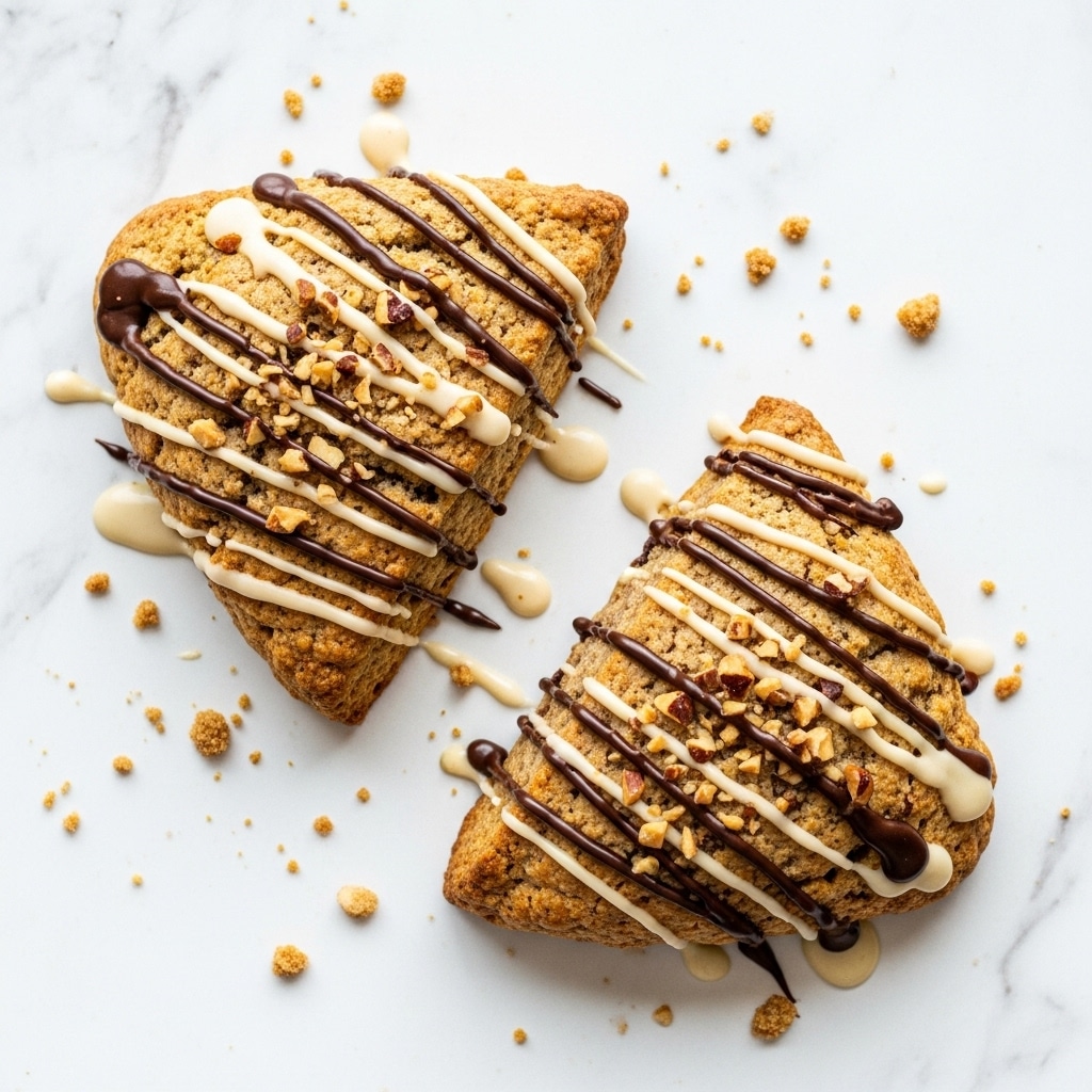 Two golden brown triangular scones lie on a white marbled surface with a slightly crispy texture visible. Each scone is topped with a drizzle of light beige glaze and dark chocolate sauce, creating thin, uneven stripes across the top. Small pieces of chopped nuts are scattered over the scones and around them on the surface. The background is softly blurred, emphasizing the fresh, crisp texture of the scones. photo taken with an iphone --ar 4:5 --v 7