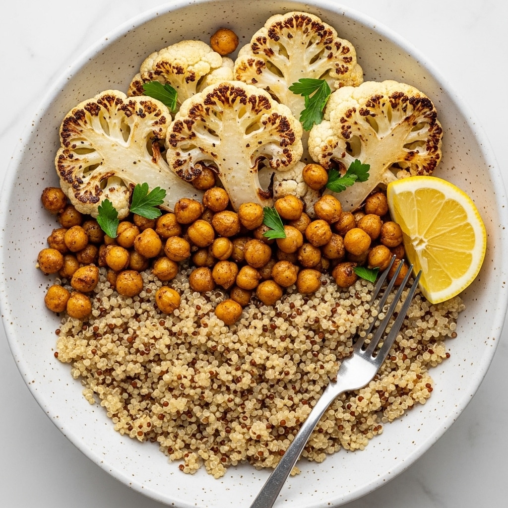 A round white bowl filled with three main layers: the bottom layer is a fluffy mix of light beige and brown quinoa grains, the middle layer consists of golden roasted chickpeas scattered evenly, and the top layer showcases lightly browned cauliflower florets with some green parsley leaves sprinkled for garnish. A bright yellow lemon wedge sits near the edge of the bowl, and a silver fork rests inside on the right side. The bowl is set on a white marbled surface. photo taken with an iphone --ar 4:5 --v 7