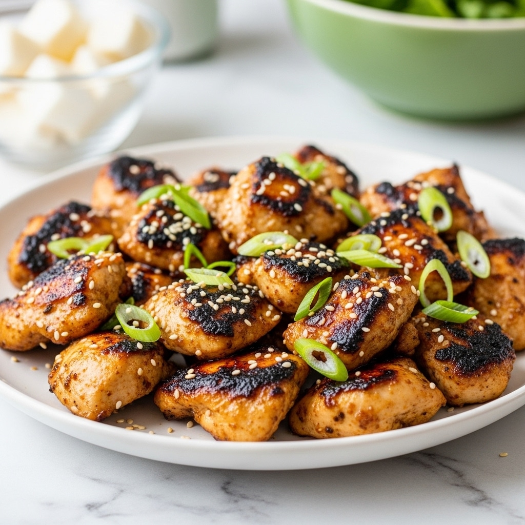 The image shows a white plate filled with a single large pile of grilled chicken pieces, cooked to a golden brown with some darker char marks, giving a slightly crispy and caramelized look. The chicken is garnished with small green strips of fresh scallions scattered on top and a few white sesame seeds sprinkled over the surface. The plate sits on a light lace cloth over a white marbled surface, and in the blurred background are two bowls, one clear with white cubes that look like tofu or cheese, and another white bowl with fresh green leafy vegetables. photo taken with an iphone --ar 4:5 --v 7