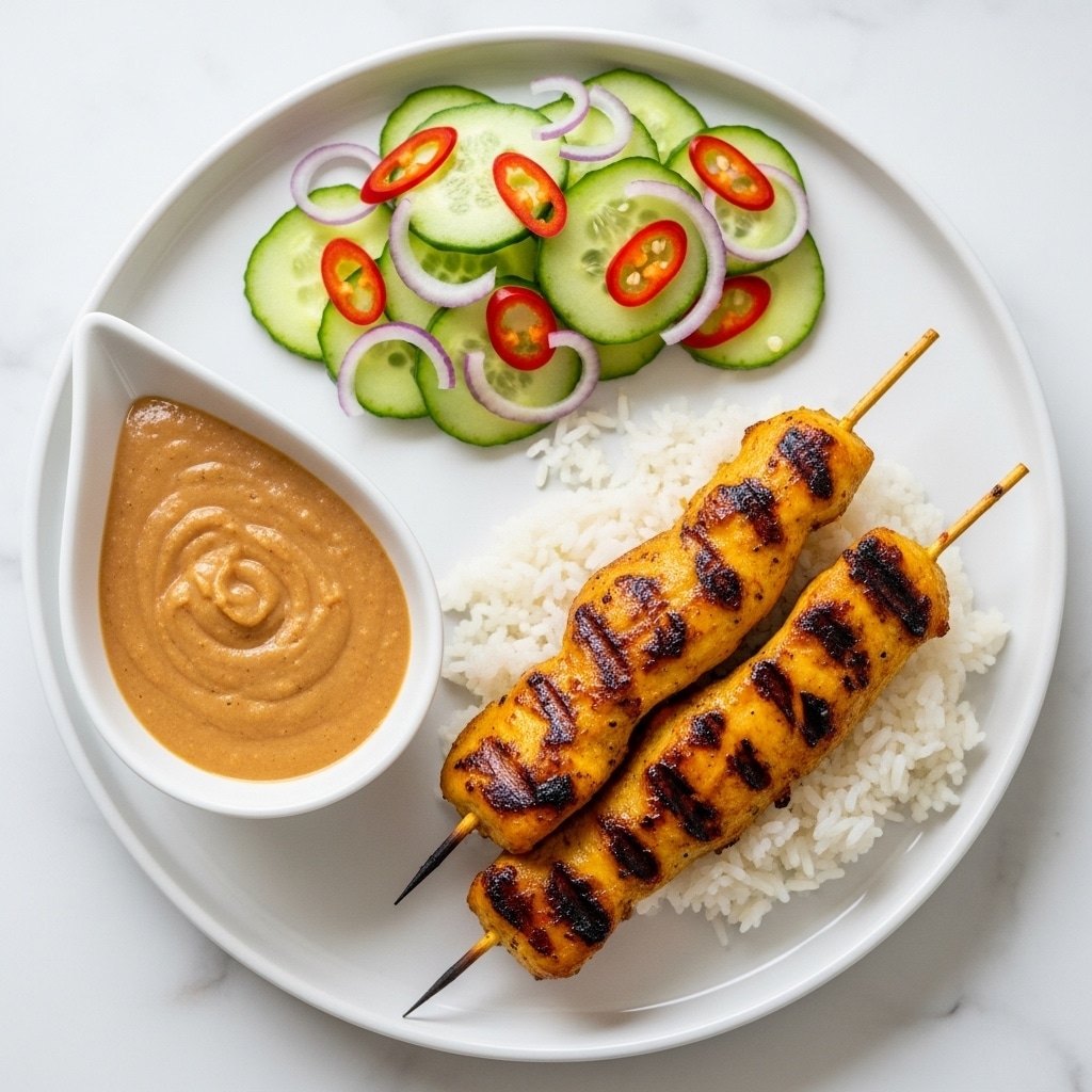 A white plate on a white marbled surface holds a neatly arranged dish with four main parts: two golden-brown grilled chicken skewers placed on the right side over a small mound of fluffy white rice; a white teardrop-shaped bowl filled with smooth, light brown peanut sauce sits on the bottom left; and above the sauce, a fresh cucumber salad made of thin, curled green cucumber ribbons mixed with small red chili slices and bits of purple onion. The colors are bright and fresh, with clear textures in each element, showing the softness of the rice, the glaze on the chicken, the smooth sauce, and the crisp cucumber salad. photo taken with an iphone --ar 4:5 --v 7