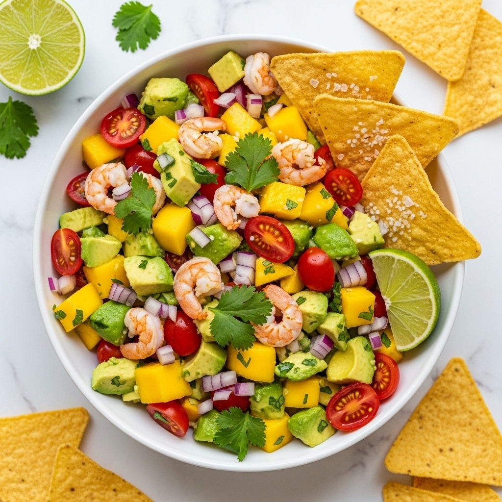 A white bowl filled with a colorful shrimp ceviche that has three main layers of chopped ingredients: bright yellow mango chunks, small pieces of light pink shrimp, and green avocado cubes mixed with red cherry tomato halves and finely chopped red onion and cilantro. On top of the ceviche, a few golden, crispy tortilla chips are placed on one side, sprinkled lightly with salt. A fresh lime wedge sits on the ceviche near the chips. Around the bowl, there are halved limes and more tortilla chips scattered on a white marbled surface. photo taken with an iphone --ar 4:5 --v 7
