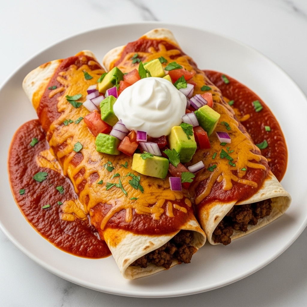 Two rolled tortillas filled with ground beef sit side by side on a white plate resting on a white marbled surface. The tortillas are covered with melted orange cheddar cheese and smothered in a rich, reddish-brown sauce that pools around the edges of the plate. On top of the cheese, there is a colorful layer of fresh salsa made up of red diced tomatoes, green avocado cubes, and small pieces of purple onion. A dollop of white sour cream is placed in the center, garnished with small green herb bits. The edges of the tortillas are lightly browned and the whole dish is sprinkled with finely chopped green herbs. photo taken with an iphone --ar 4:5 --v 7