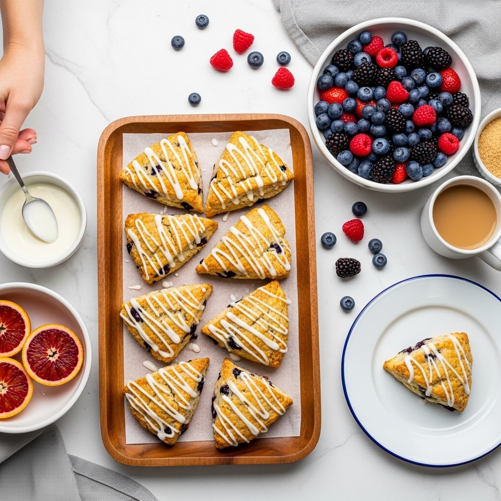 A wooden tray holds seven triangular scones with a light golden brown color, dotted with dark blue blueberries and topped with a white icing drizzle in neat lines. Next to the tray is a white bowl filled with mixed berries including red strawberries, raspberries, and blue blueberries. To the right is a white plate with one scone, and in the lower right corner is a cup of black coffee. In the bottom left, a white bowl with blue stripes contains orange slices. The surface is a white marbled texture with a woman's hand holding a spoon over a small bowl of white icing. photo taken with an iphone --ar 4:5 --v 7