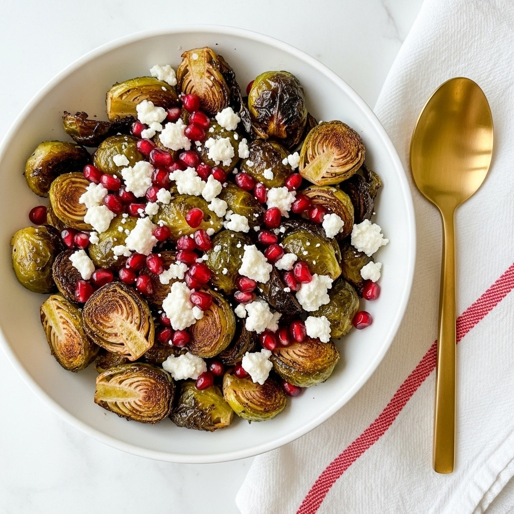 A white bowl holds roasted Brussels sprouts as the base layer, showing browned and crispy textures with a mix of dark golden and green colors. Scattered on top is a crumbly white cheese layer, adding a soft texture. Bright red pomegranate seeds are sprinkled over the cheese, creating a shiny, juicy contrast. The bowl sits on a white marbled surface with a white cloth featuring a red stripe draped beside it, and a gold spoon rests on the cloth. photo taken with an iphone --ar 4:5 --v 7