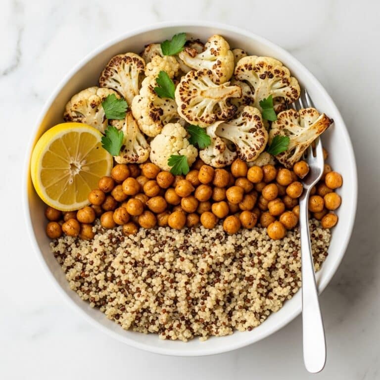 Roasted Cauliflower and Chickpeas with Mustard Dressing over Quinoa Recipe
