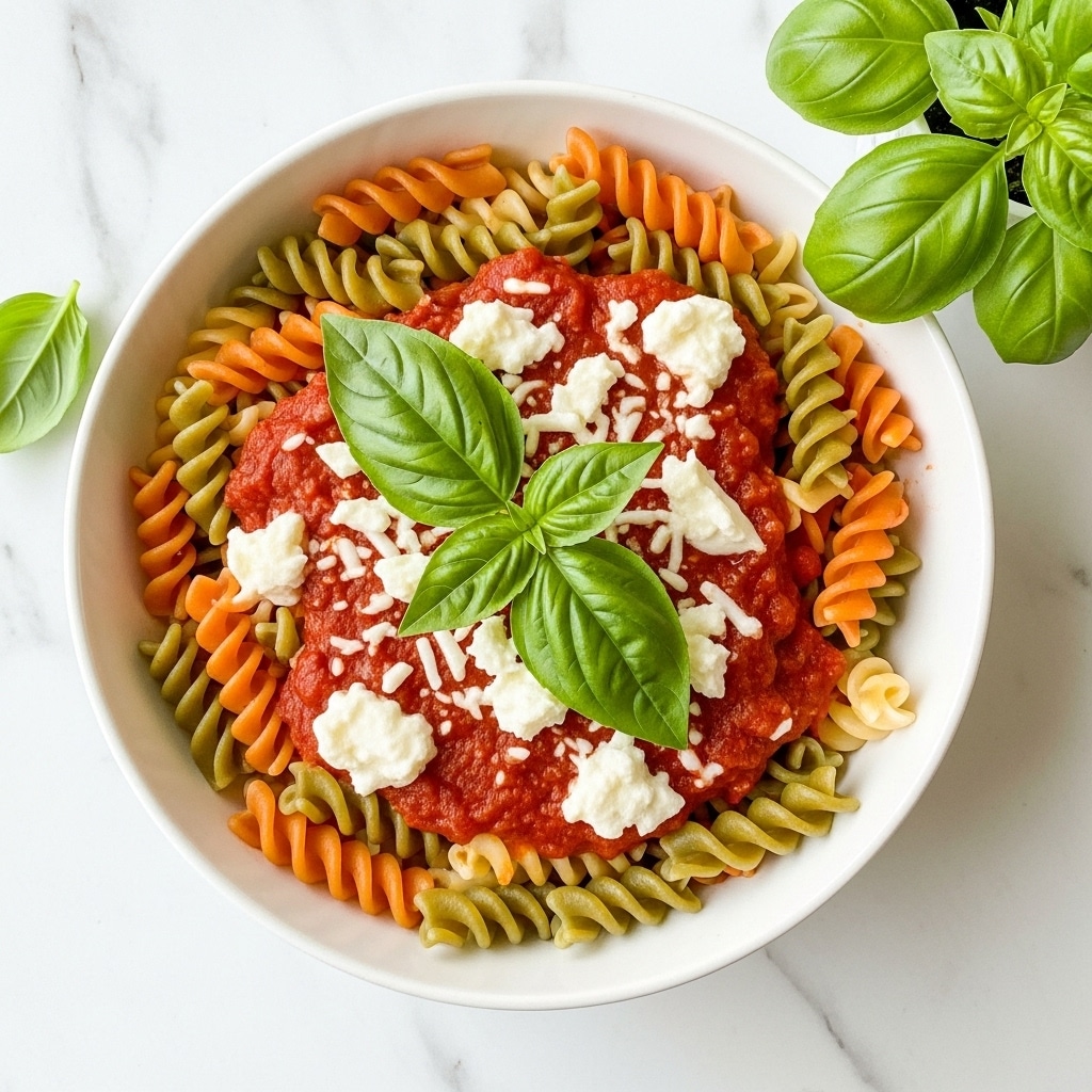 A white bowl sits on a white marbled texture, filled with three layers of colorful pasta pieces in orange, green, and pale yellow shades mixed together, with some baked melted white cheese on top. The pasta has a curly, ridged shape, with some pieces covered in tomato sauce giving a red tint, and a few dried green basil leaves placed over the pasta for garnish. To the side of the bowl is a small sprig of fresh green basil leaves. photo taken with an iphone --ar 4:5 --v 7
