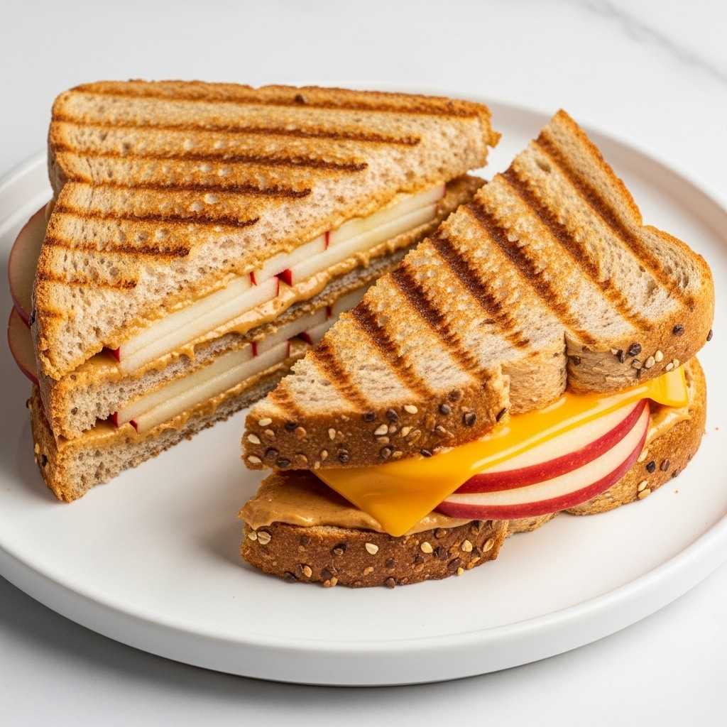 A grilled sandwich is placed on a white plate, cut diagonally into two halves. Each slice of bread is golden brown with clear grill marks running vertically. Inside the sandwich, there is a visible layer of peanut butter mixed with thin slices of apple, giving a creamy brown and pale white contrast. Another layer shows soft yellow melted cheese and a slice of reddish apple or ham peeking out softly from between the bread. The setting is on a white marbled surface with a clean, bright look. Photo taken with an iphone --ar 4:5 --v 7