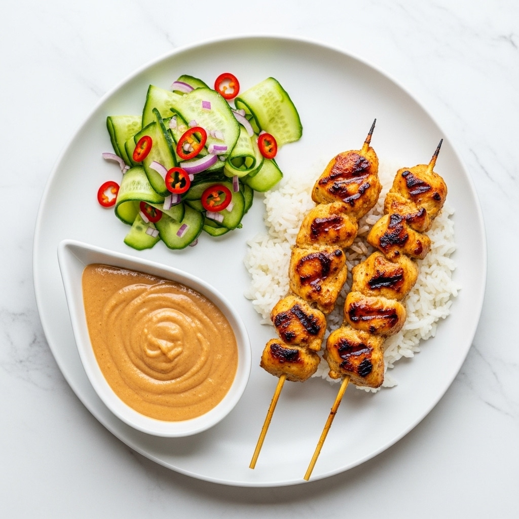 A white plate with a round shape holds a meal consisting of three main parts arranged with space between them. On the bottom right, there is a small mound of white rice, loose and fluffy, with two golden-brown grilled chicken skewers resting on top. The chicken has a shiny, slightly glazed texture with some char marks. At the top of the plate, there are thin curled slices of bright green cucumber mixed with thin red chili rings and small purple onion pieces, creating a fresh vegetable garnish. On the left side of the plate sits a white teardrop-shaped bowl filled with a smooth, light brown peanut sauce that has a creamy texture. The whole setting is placed on a white marbled surface. photo taken with an iphone --ar 4:5 --v 7