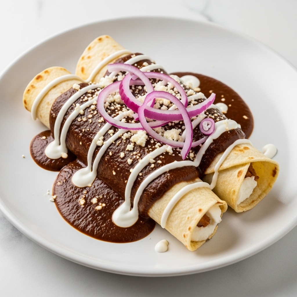 The dish shows three rolled tortillas placed side by side on a white plate. The tortillas are covered with a smooth, dark brown mole sauce that fully coats the top. On top of the sauce, there is a light drizzle of thin white cream and thin slices of purple onion arranged in loops across the dish. Crumbled white cheese is sprinkled generously over everything, adding a crumbly texture. The plate sits on a white marbled surface. Photo taken with an iphone --ar 4:5 --v 7