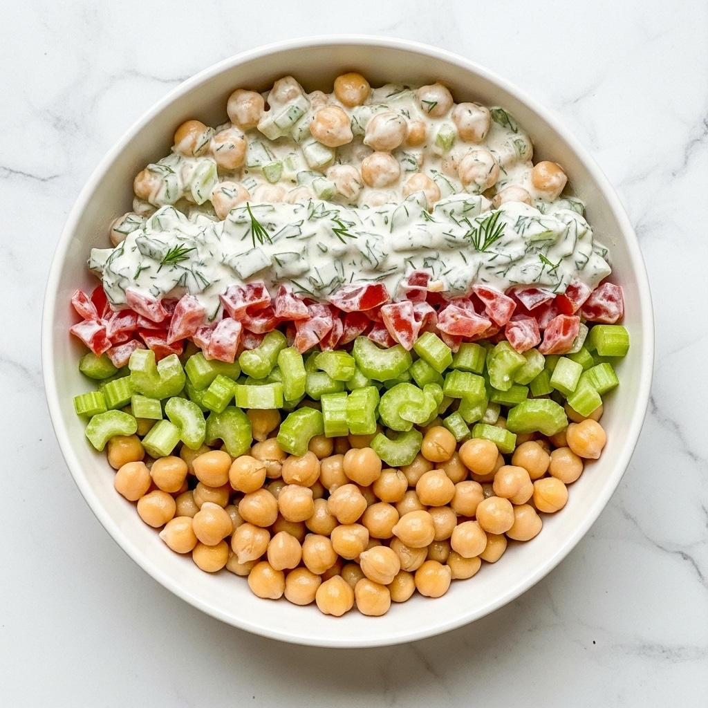 A close-up of a white bowl filled with a chunky salad mixture made of chickpeas, small diced green celery, bits of red tomato, and pale yellow creamy dressing, all combined with small flecks of fresh green herbs spread throughout. The salad's texture looks soft and moist with a slightly uneven surface. The bowl sits on a white marbled texture surface. photo taken with an iphone --ar 4:5 --v 7