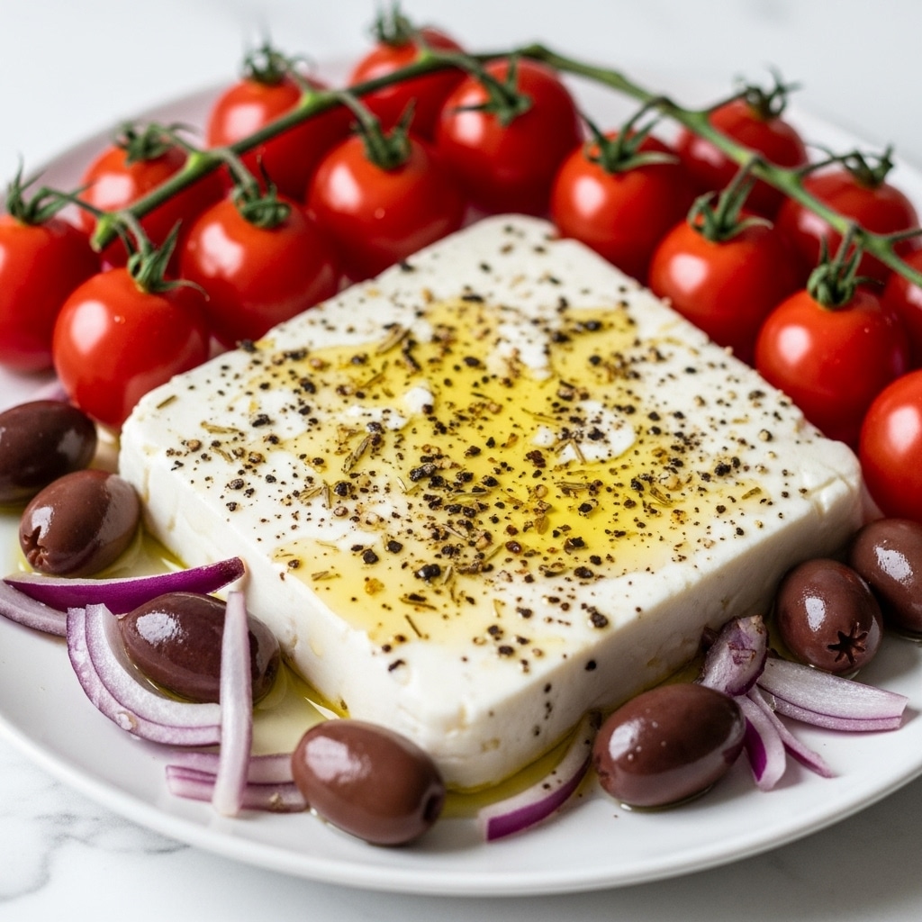 A close-up image shows a block of white feta cheese placed in the center, sprinkled with black pepper and drizzled with golden olive oil that adds a shiny texture. Around the cheese, there is a mix of bright red cherry tomatoes with green stems, and shiny dark purple olives scattered closely. Small pieces of light purple onion are visible near the edges, all resting on a white marbled surface that gives a clean and fresh look. The photo captures a rich mix of colors with glossy, smooth, and slightly oily textures. photo taken with an iphone --ar 4:5 --v 7