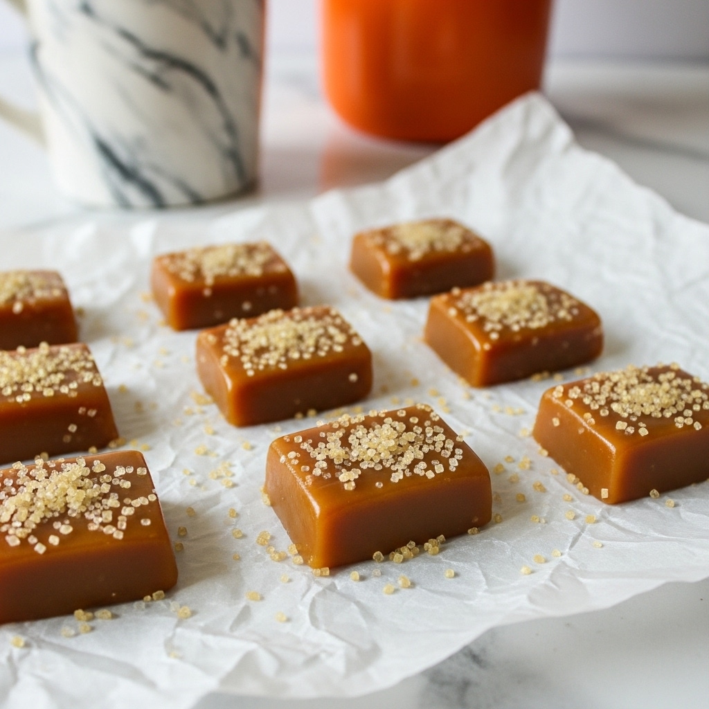 The image shows several small rectangular caramel pieces spread out on crumpled white parchment paper. Each caramel piece is a deep golden-brown color and shiny in texture, with a topping of small, light beige sugar crystals sprinkled unevenly on top. The caramels have smooth edges and sit directly on the parchment, with some sugar crystals scattered around them. In the blurred background, there is a white marbled mug with a black pattern and an orange container, all placed on a white marbled surface. photo taken with an iphone --ar 4:5 --v 7