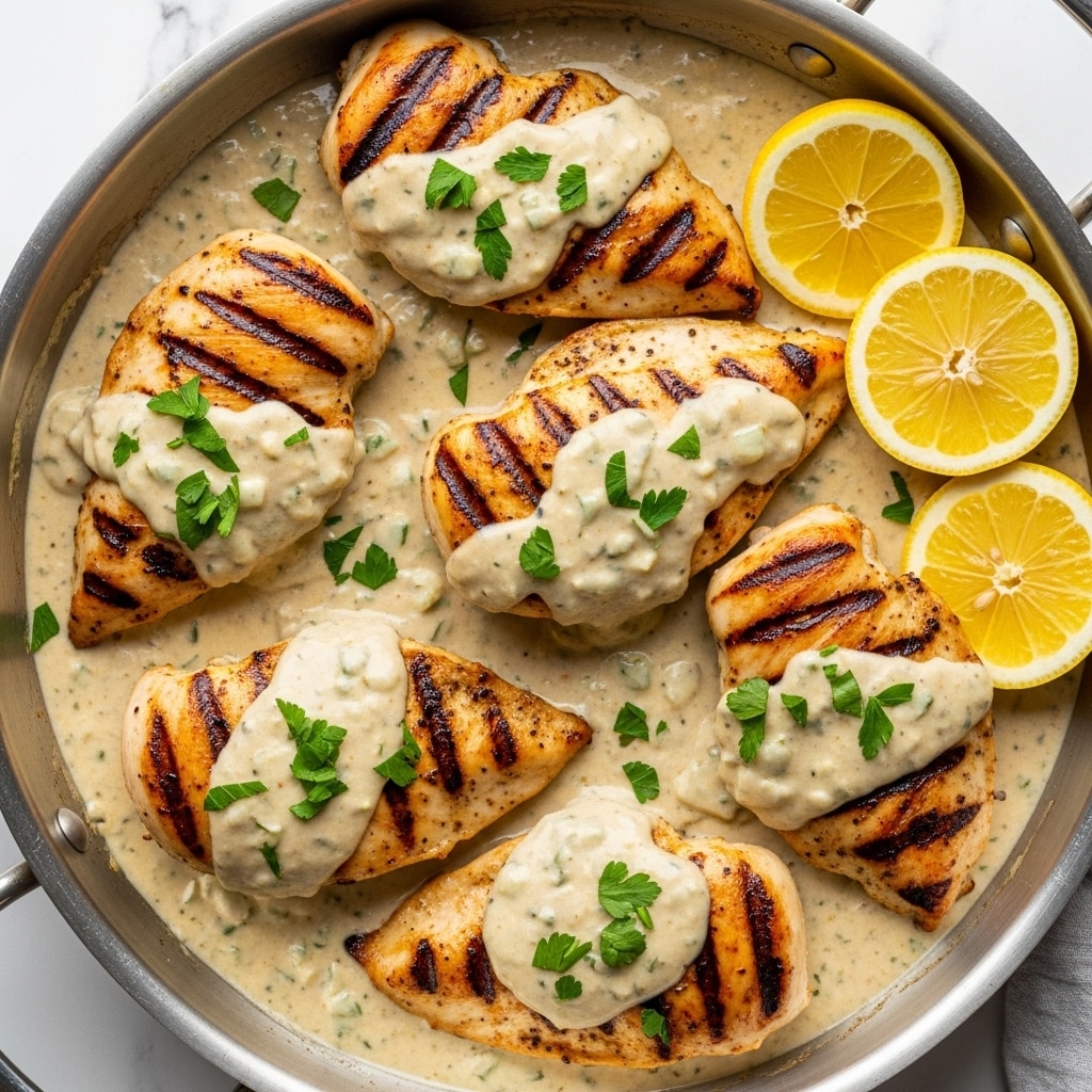 A silver pan filled with five pieces of golden-brown cooked chicken breast sitting in a thick light beige creamy sauce dotted with green herbs. The chicken pieces are of different sizes and spread evenly, each coated with the sauce. On the right side of the pan are three bright yellow lemon wedges. The sauce has a smooth, rich texture with small green flecks scattered throughout. The overall scene is set on a white marbled background. photo taken with an iphone --ar 4:5 --v 7