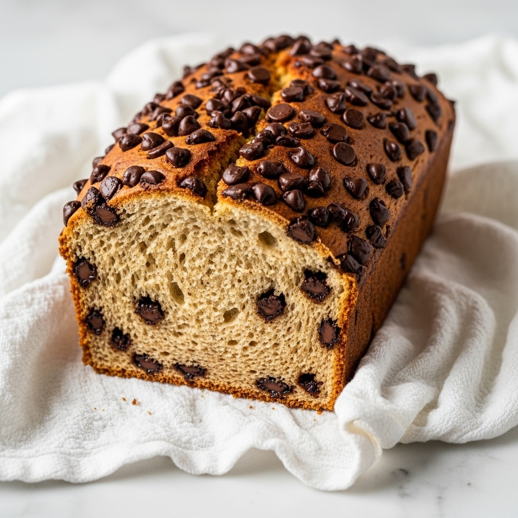 A loaf of banana bread with a golden brown crust and a moist, soft inside, resting on a white cloth over a white marbled surface. The inside has a light brown color dotted with many dark brown chocolate chunks spread throughout the slice. The top of the bread has a rough texture with some cracked parts and visible pieces of melted chocolate on the surface. Photo taken with an iphone --ar 4:5 --v 7