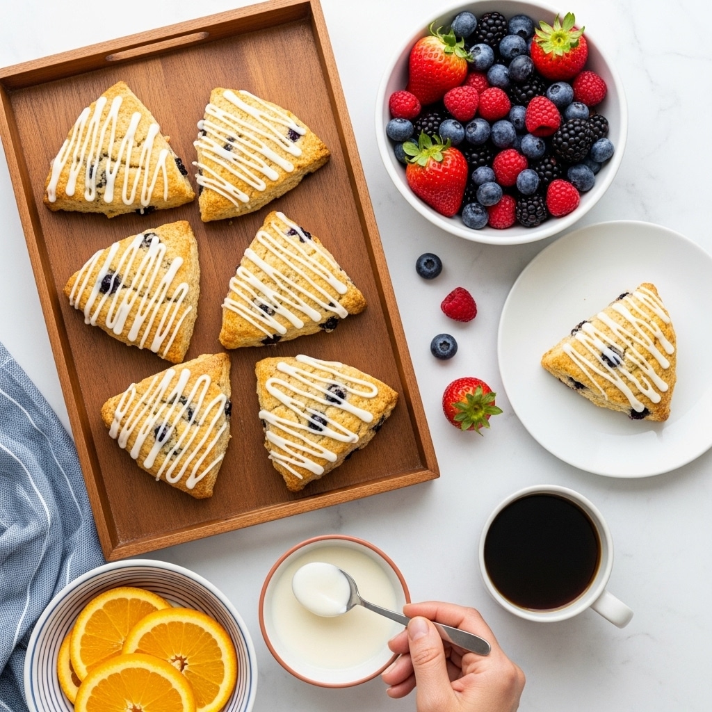 The image shows a wooden tray holding eight triangular scones with a golden-brown color and visible blueberries baked inside. Each scone is drizzled with white icing in a zigzag pattern on top. To the right, there is a white rimmed plate holding one similar scone. Nearby, a white bowl filled with mixed berries including blueberries, raspberries, and strawberries is placed on a white marbled surface. Scattered berries are spread around the surface along with a cup of coffee in a white cup and a small bowl with light brown sugar. To the left, a woman's hand holding a spoon is dipping into a small bowl of white icing, and next to it is a white bowl holding two halves of a blood orange. The whole setting is bright and fresh with a white marbled textured background. photo taken with an iphone --ar 4:5 --v 7
