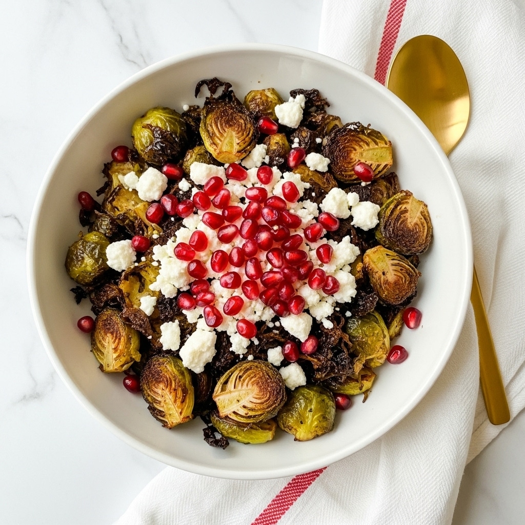 A white bowl filled with roasted Brussels sprouts that are golden brown with some darker charred spots, topped evenly with crumbled white cheese and scattered bright red pomegranate seeds, placed on a white marbled surface. Next to the bowl is a white cloth with a red stripe and a gold spoon resting on it. The overall look is fresh and colorful with a mix of textures from crispy Brussels sprouts, soft cheese, and juicy pomegranate seeds, photo taken with an iphone --ar 4:5 --v 7