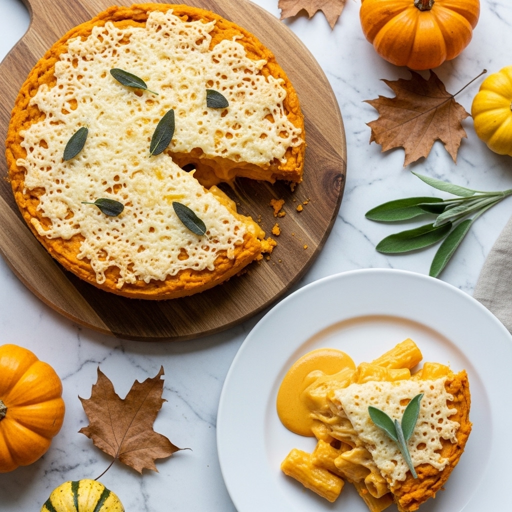 A round baked pasta dish is shown on a wooden board with a dark wood grain pattern, surrounded by dried leaves and two small pumpkins on a white marbled surface. The dish has three visible layers: a base layer of tube-shaped pasta in a golden yellow color, a middle layer of melted cheese oozing out with a smooth, glossy texture, and a top layer of thin, crispy white lattice-like cheese pierced with whole green herb leaves. A slice is cut out and placed on a white plate to the right, showing gooey cheese dripping and layered pasta inside. Photo taken with an iphone --ar 4:5 --v 7